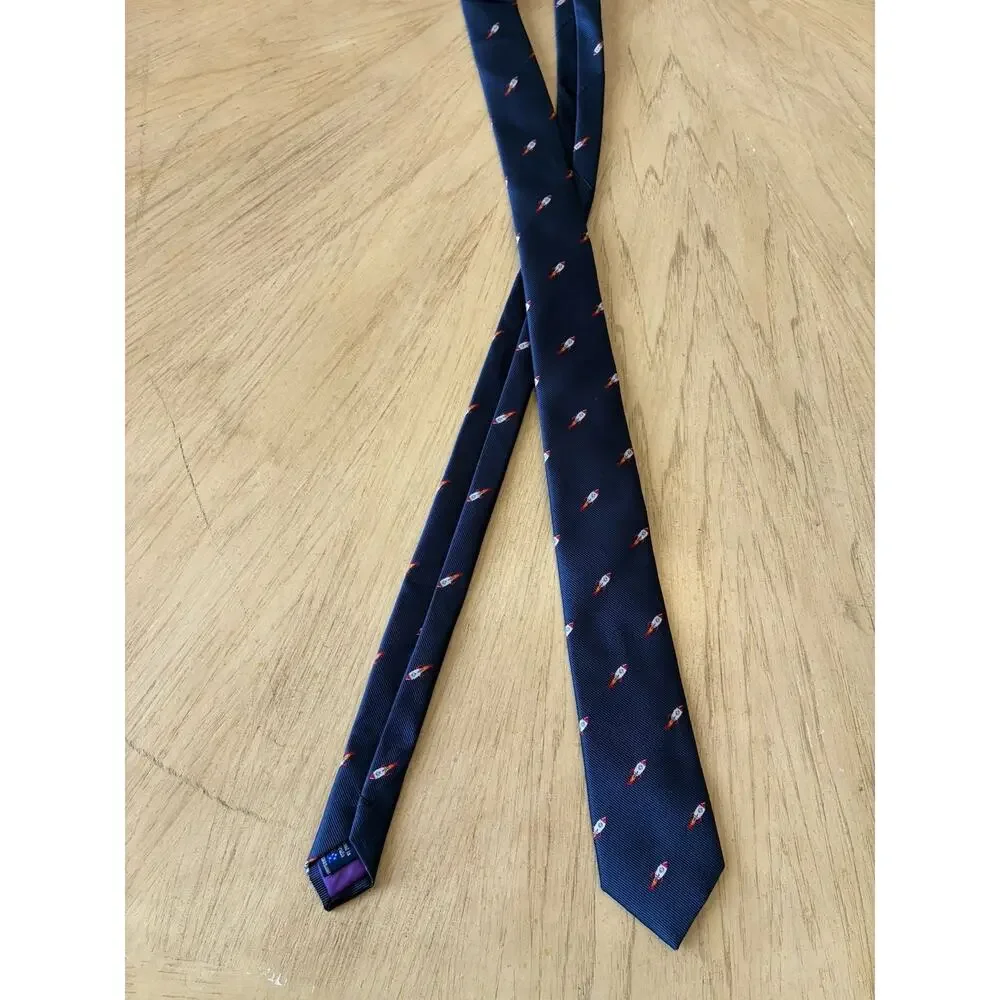 Men's Rocket Space Ship Skinny Tie Navy Blue Novelty NASA Cosmic Retro Moon